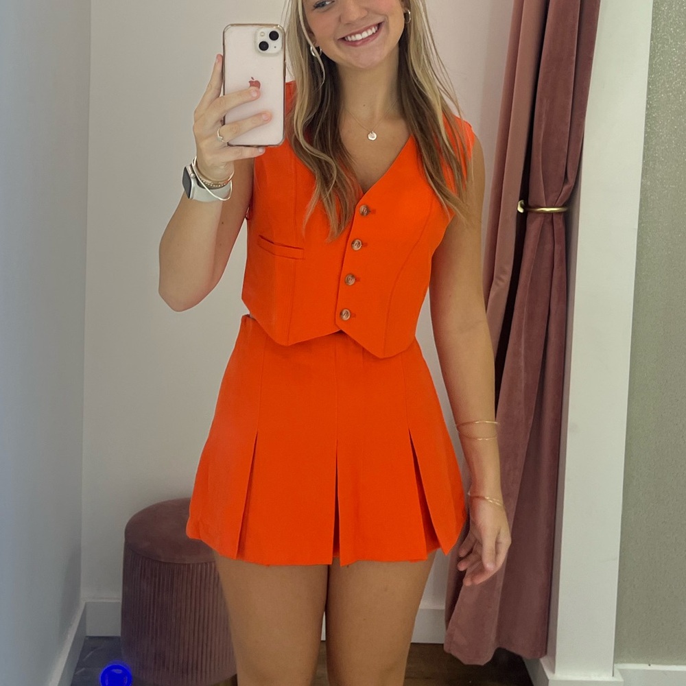 Vibrant Orange Button-Up Vest and Skirt Set
